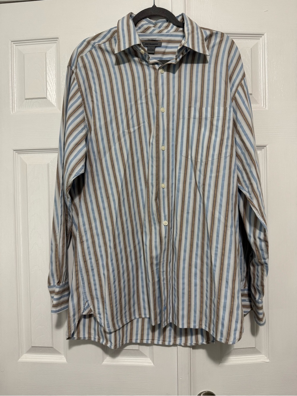Johnston & Murphy Men’s Long-Sleeve Blue and Brown Striped Button-Down Shirt
